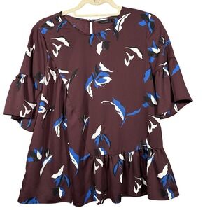 Halogen Blouse Women's Size Small Brown‎ Blue Floral Asymmetrical Peplum